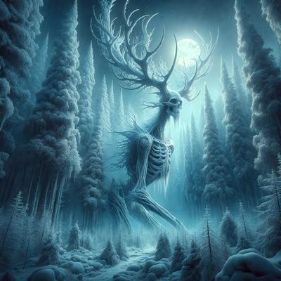 The primary subject of the image is a skeleton with antlers, standing in a snowy forest. The setting is a snowy, wooded area with trees surrounding the skeleton. The visual style is digital art, as the skeleton is depicted in a detailed and artistic manner. The colors and mood of the image are predominantly cold and dark, with the snow and trees creating a wintry atmosphere.